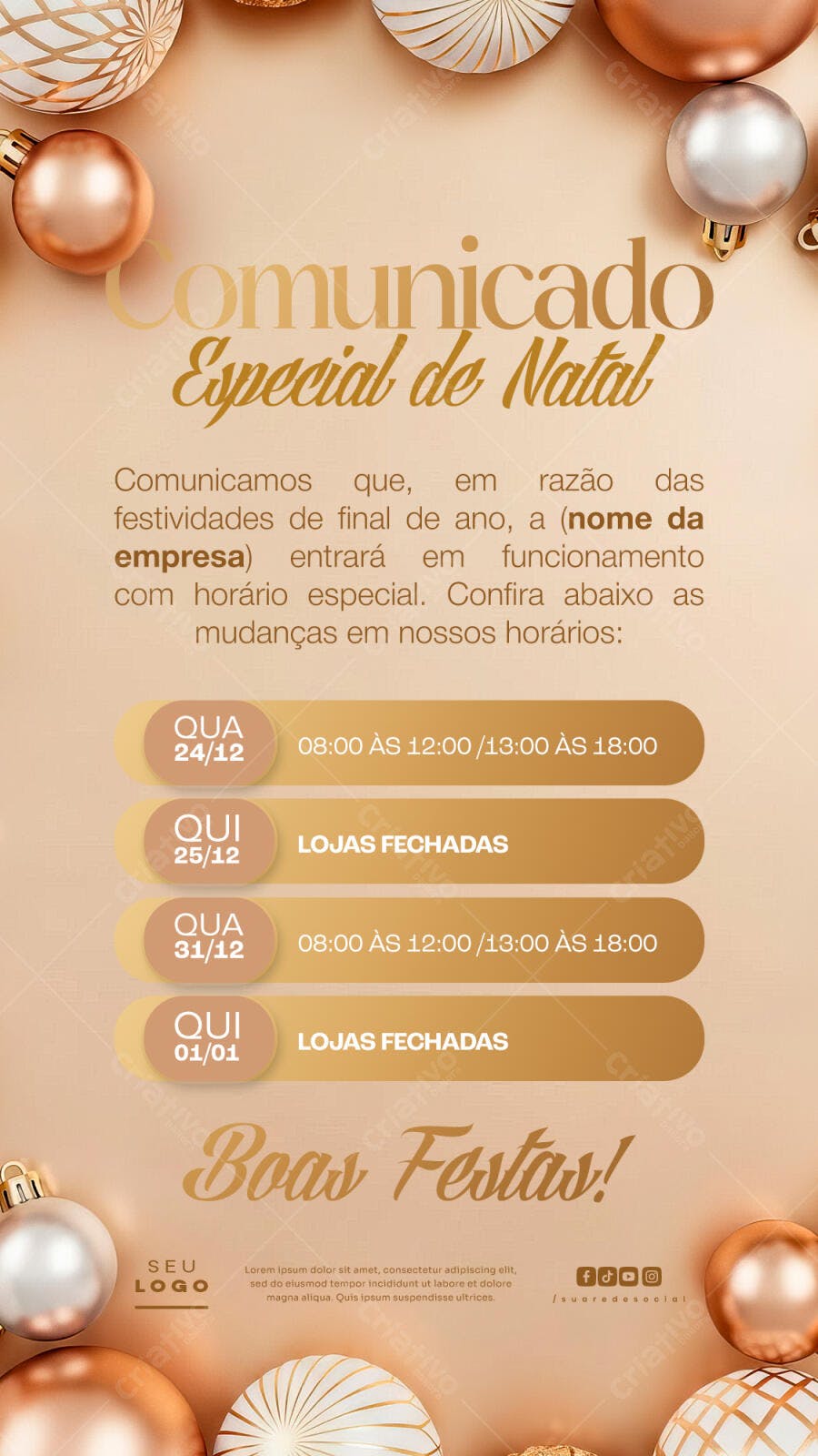 Comunicado para Horário Especial Natal Ano Novo PSD Editável