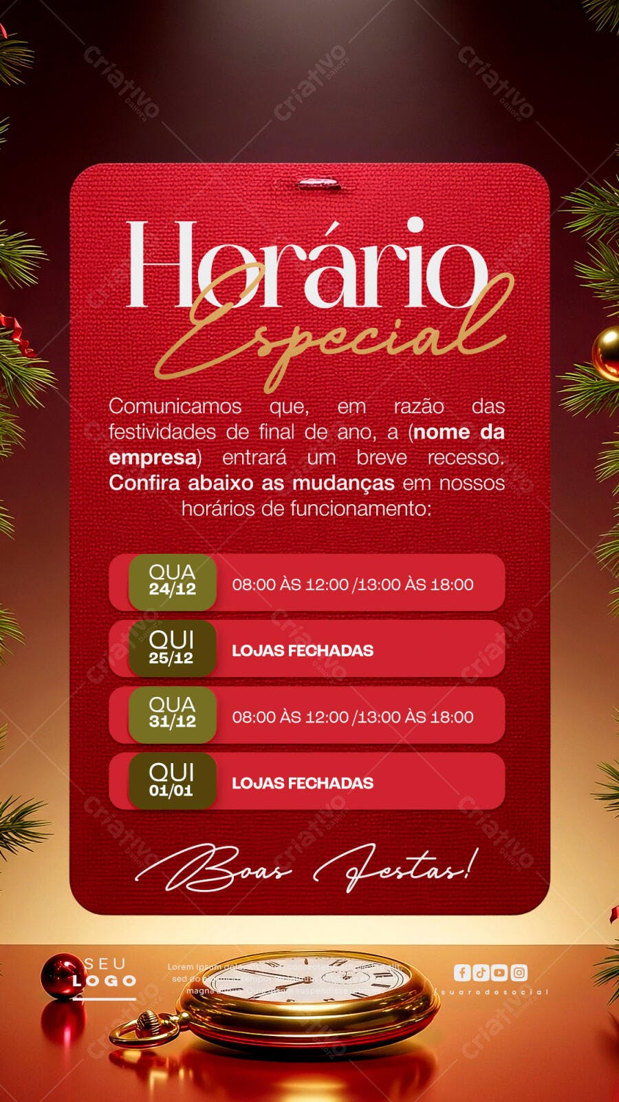 Flyer Horário Especial Natal e Ano Novo PSD Editável