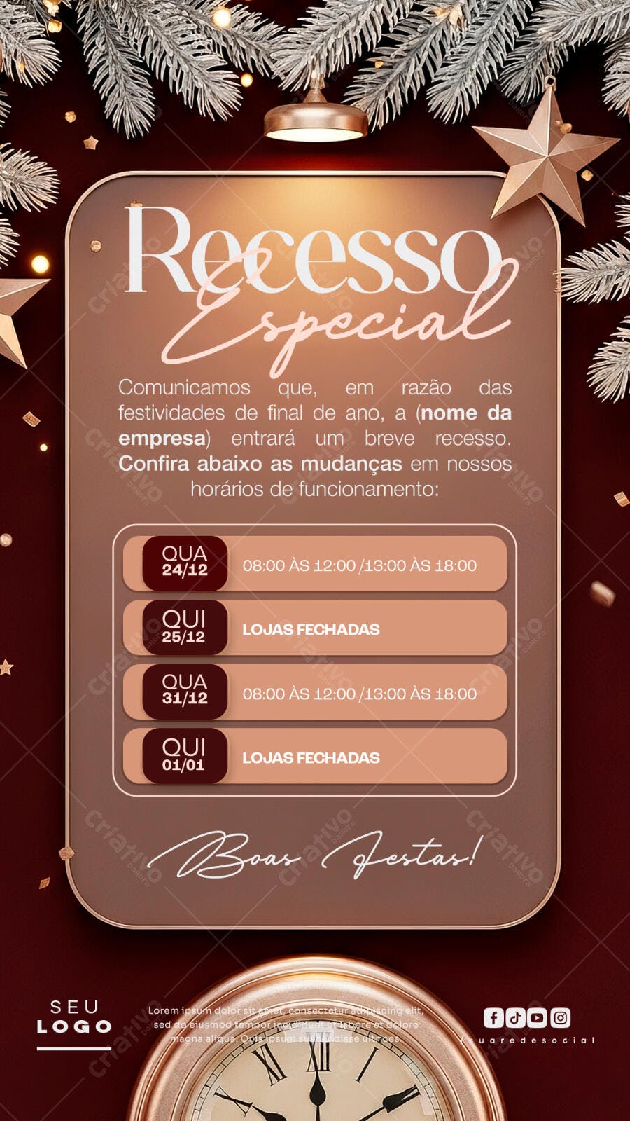 Post Recesso Fim de Ano Horários Natal Ano Novo PSD Editável
