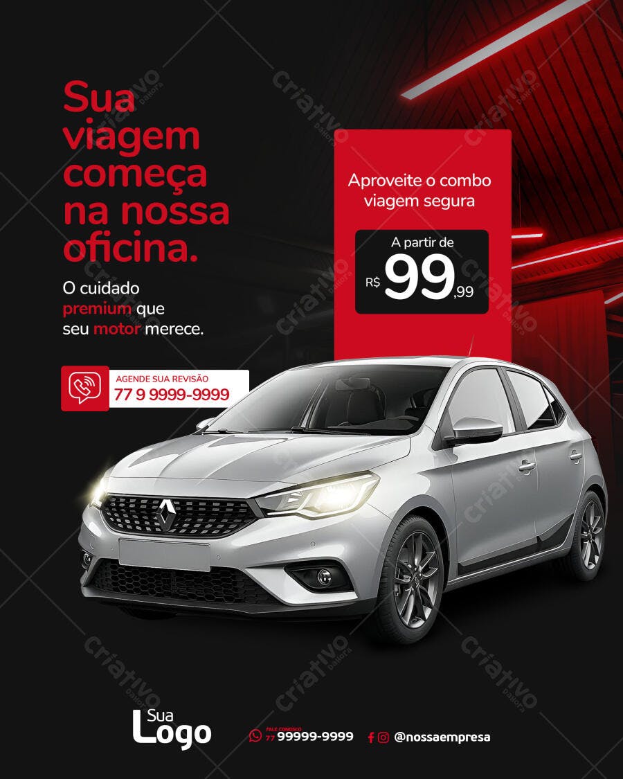 Flyer Revisão Automotiva Carro Prata Oferta R$99,99 PSD Editável