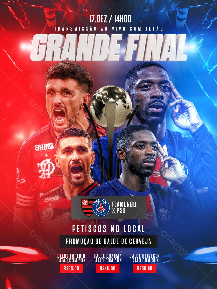 Flyer Grande Final Futebol Flamengo PSG Cerveja PSD Editável