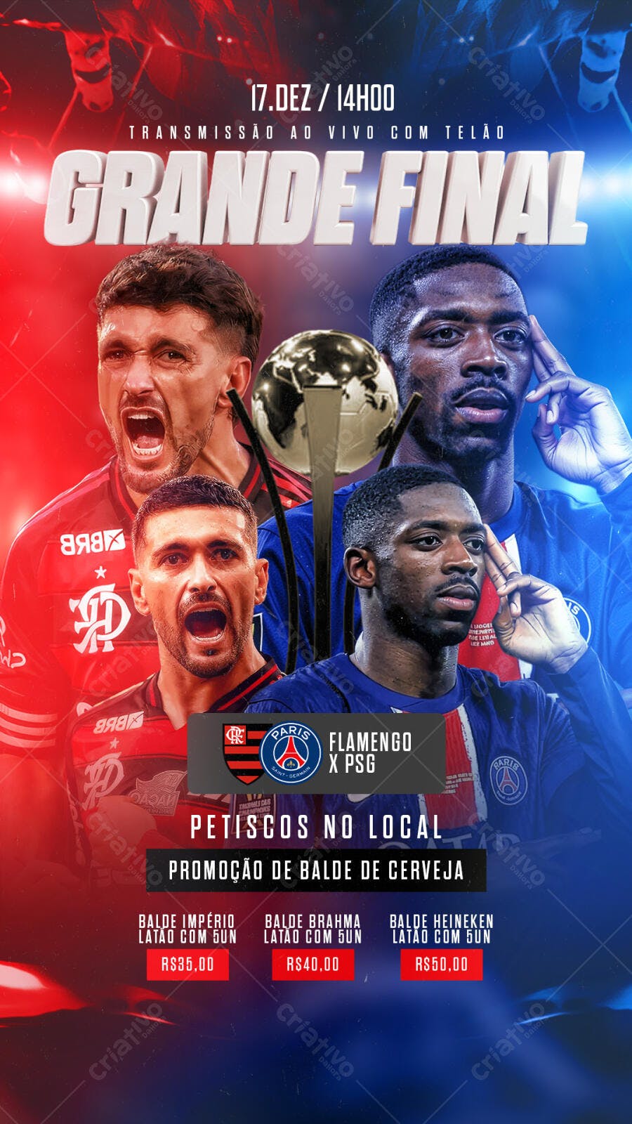 Flyer Grande Final Flamengo x PSG com Cerveja PSD Editável