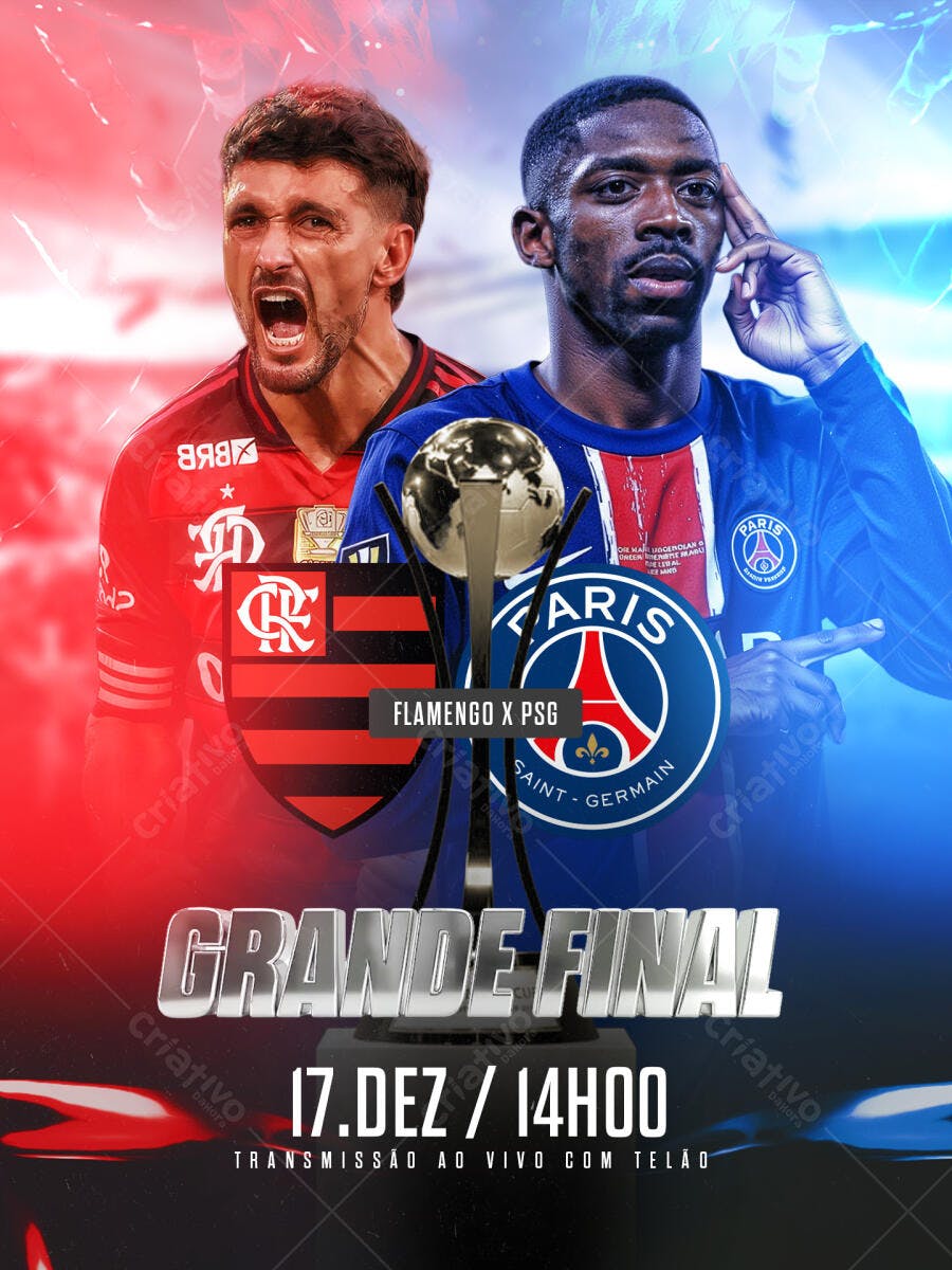 Flyer Grande Final Futebol Flamengo PSG Transmissão Ao Vivo PSD Editável