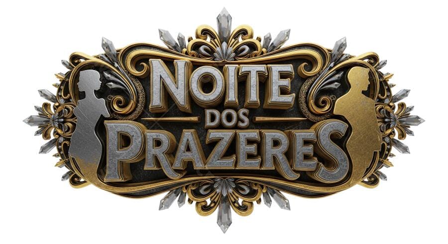Selo 3D de evento luxuoso metalizado dourado prateado cristais silhuetas homem mulher
