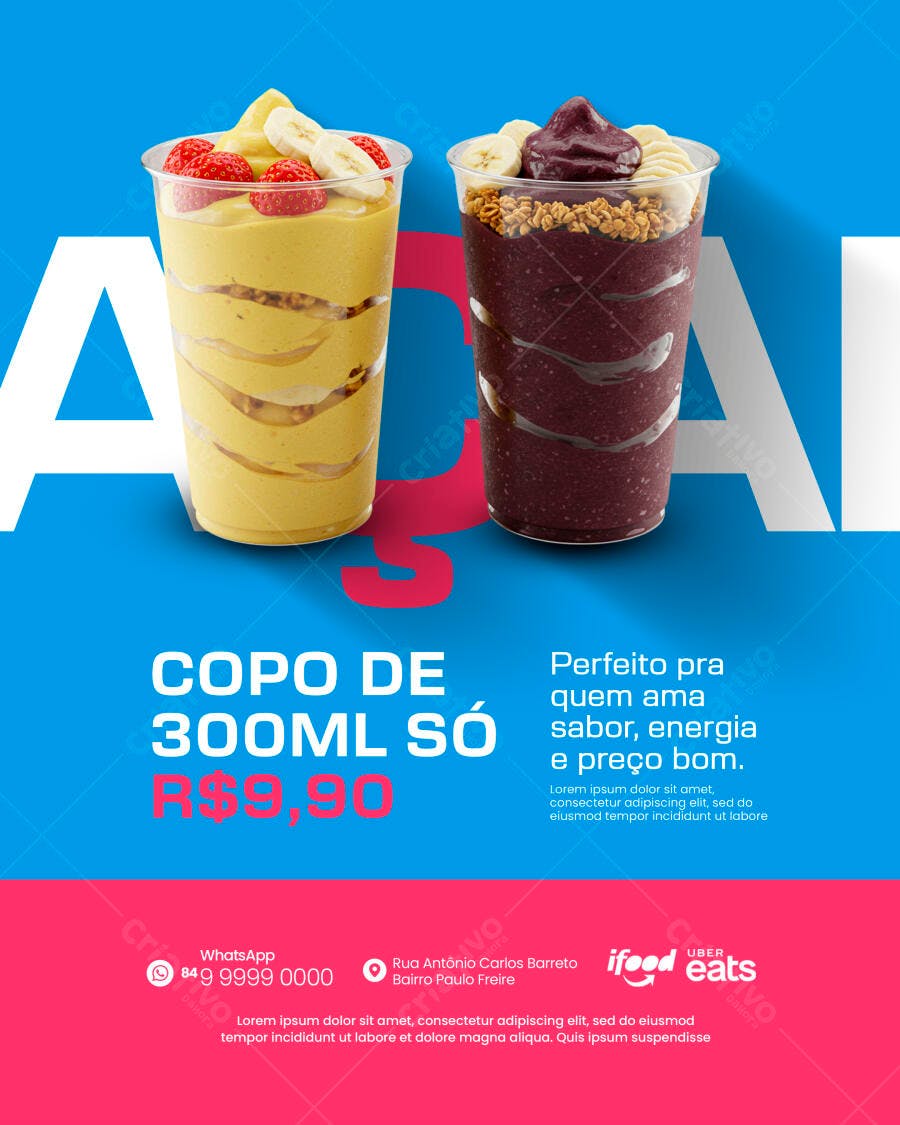 Flyer de Açaí e Smoothie com Frutas Promoção Copo 300ml PSD Editável