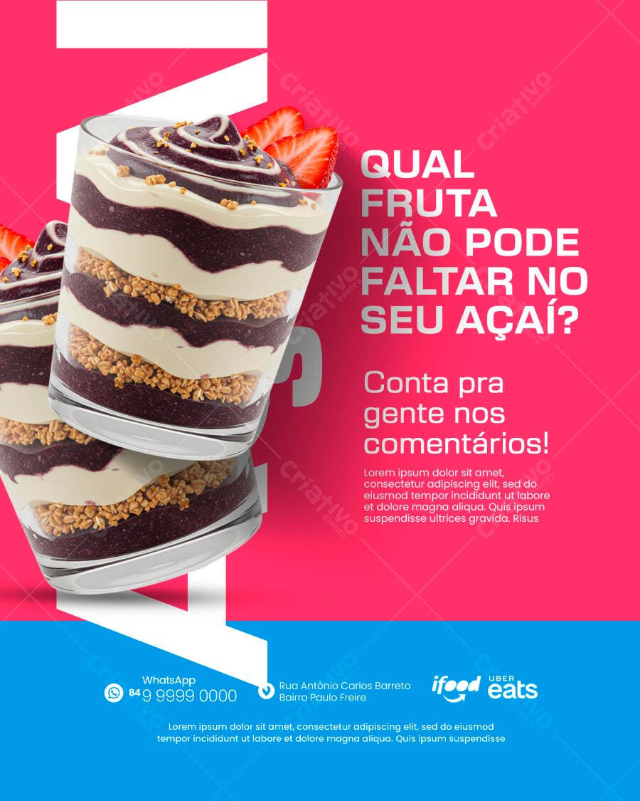 Post para Redes Sociais para Açaí com Morango e Granola PSD Editável