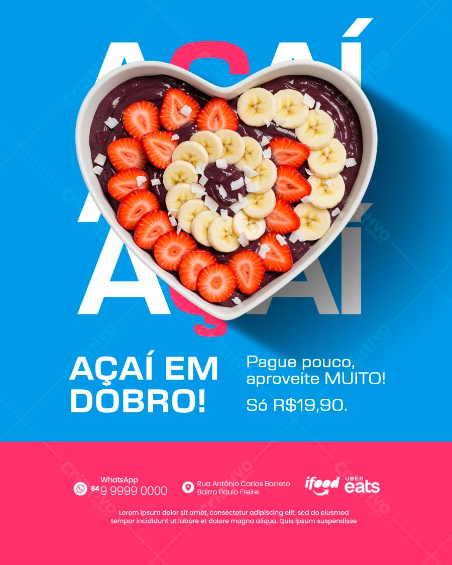 Flyer Açaí em Dobro com Morango e Banana PSD Editável