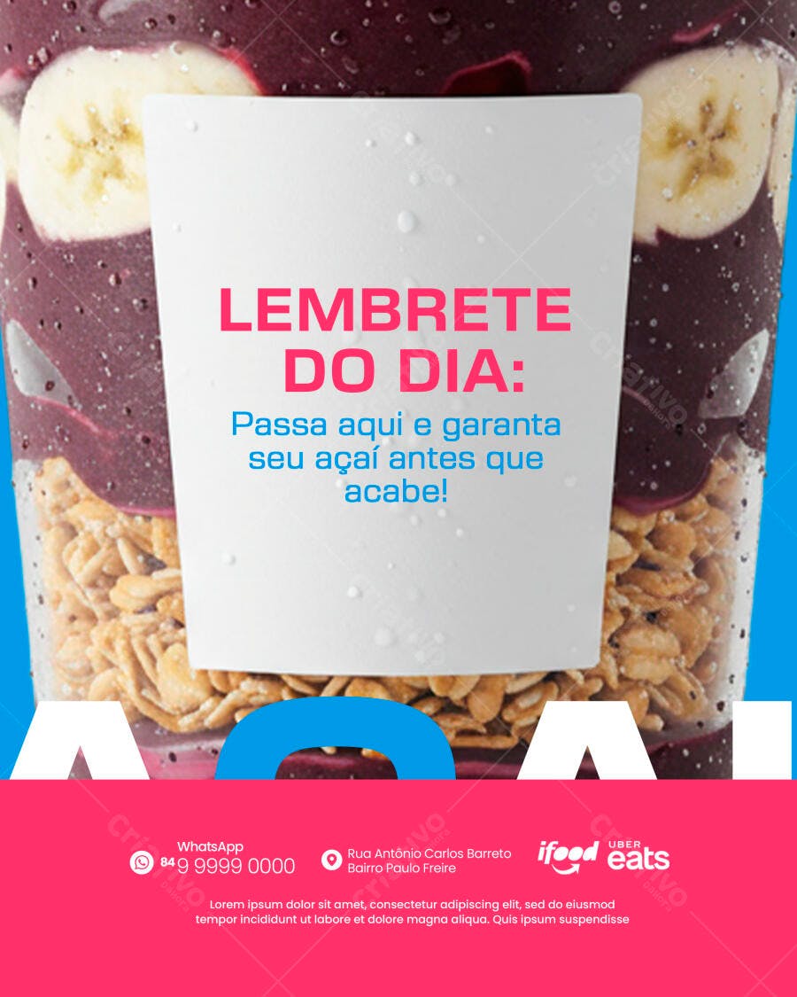 Flyer Açaí com Banana e Granola Lembrete do Dia PSD Editável