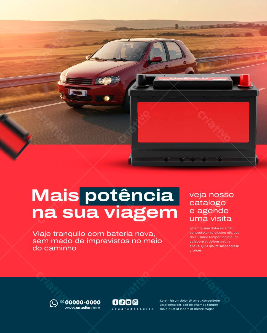 Flyer Bateria Automotiva para Mais Potência na Sua Viagem PSD Editável