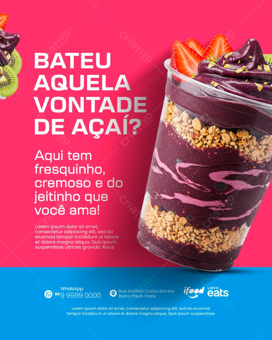 Card Promocional Açaí Cremoso Morango Kiwi Granola Rosa PSD Editável