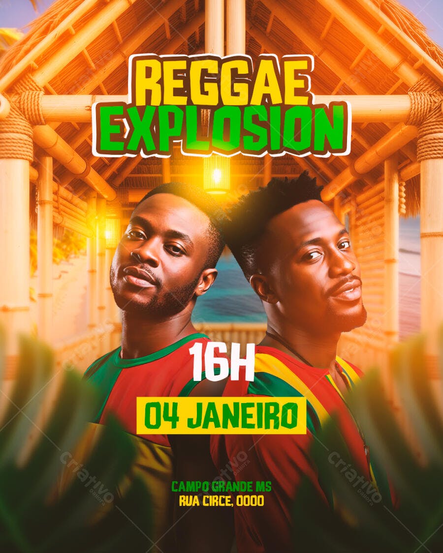 Flyer de Evento Reggae Explosion com Homens Negros PSD Editável