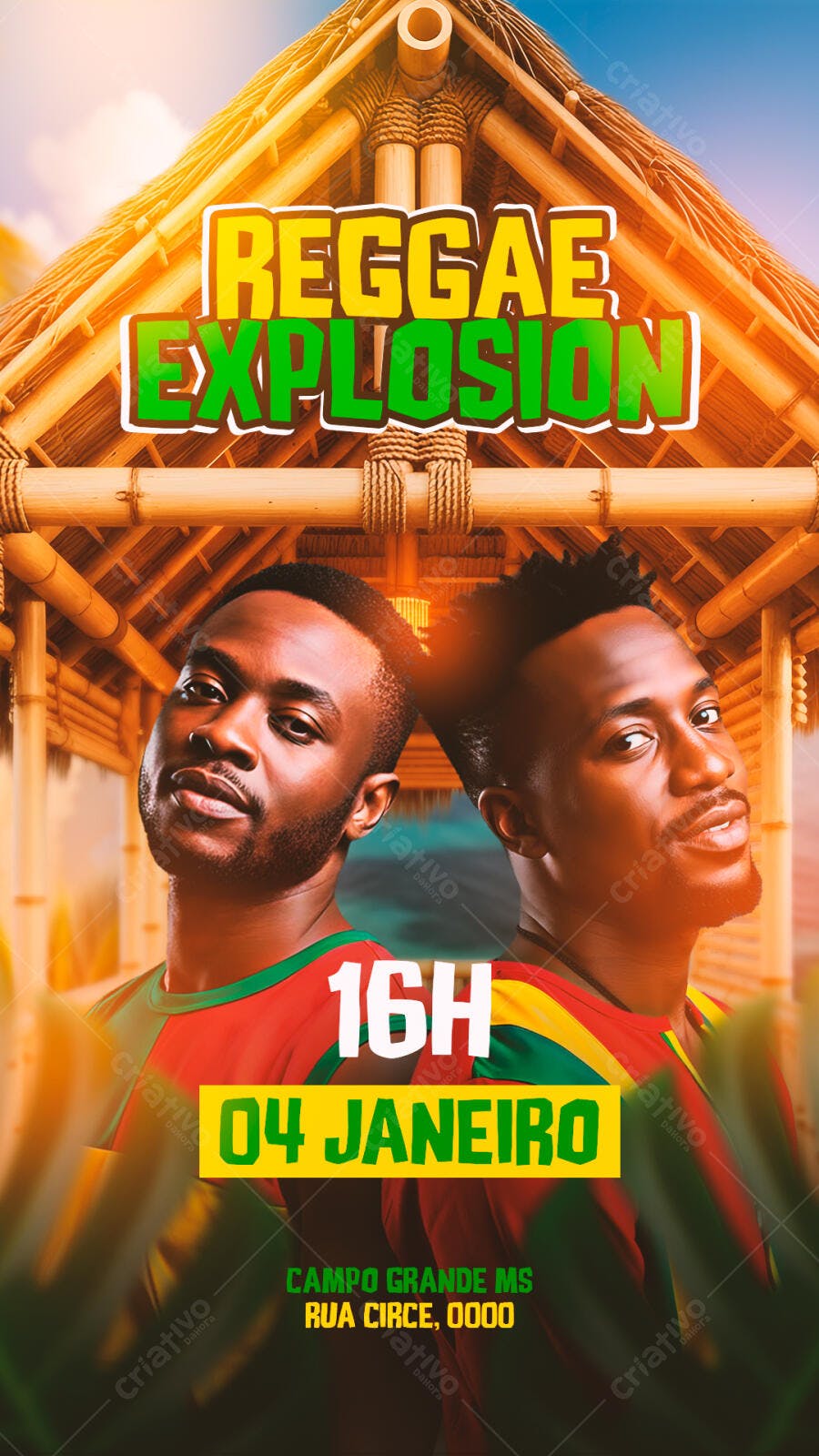 Flyer Reggae Explosion com Homens Negros e Vibe Tropical PSD Editável