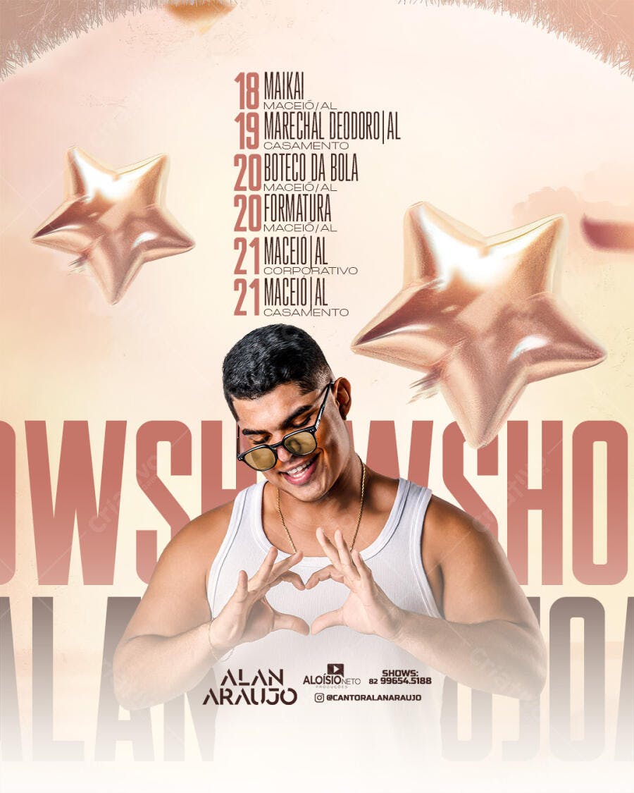 Flyer de Shows com Cantor Alan Araujo e Estrelas PSD Editável