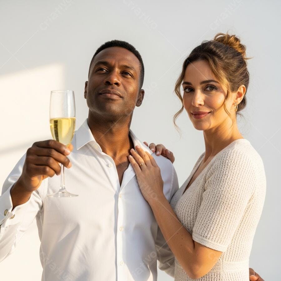 Casal elegante multirracial celebrando com champanhe fundo branco