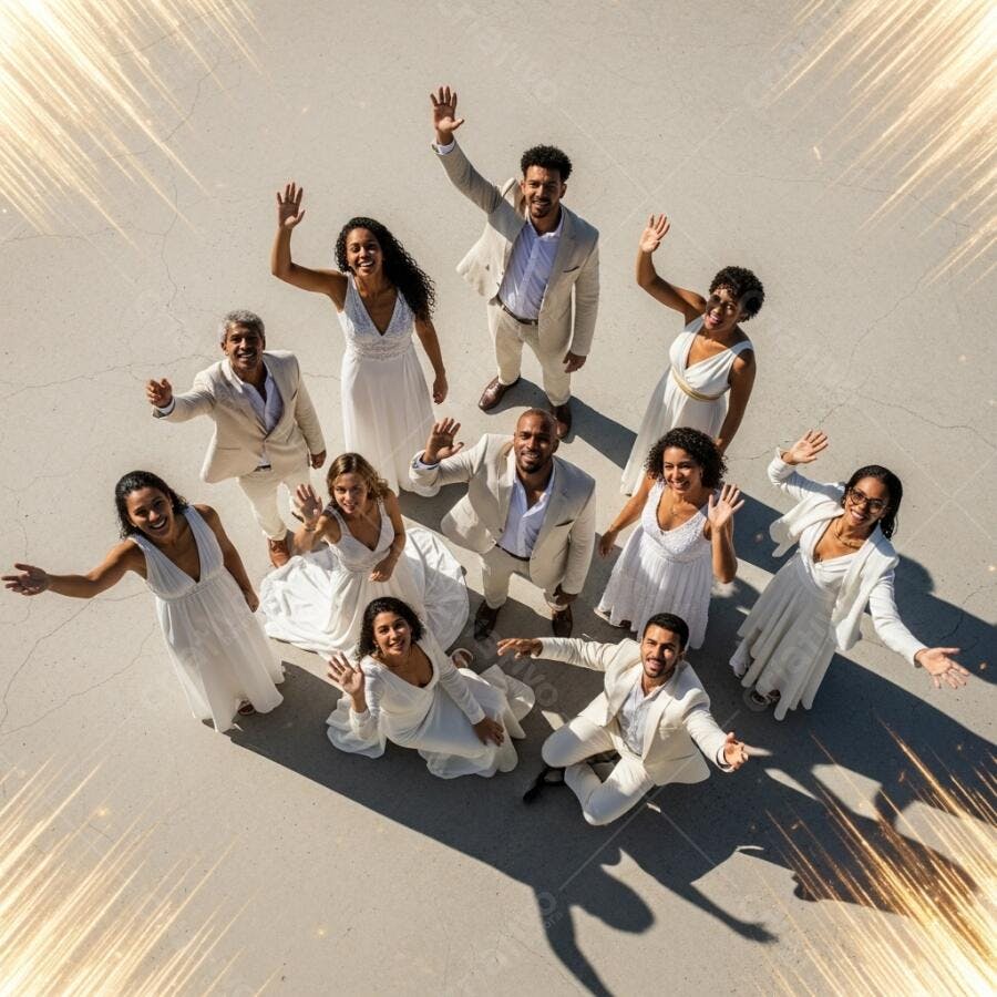 Grupo multiétnico de adultos felizes acenando vestindo branco em celebração