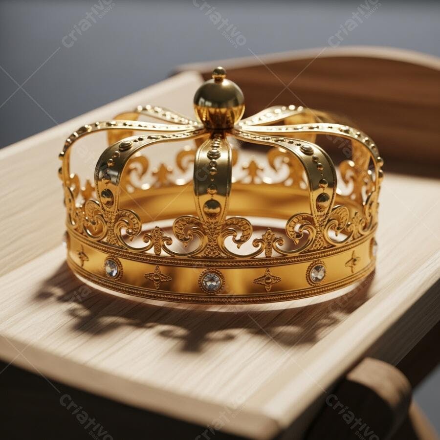 Coroa dourada real com gemas brilhantes sobre suporte de madeira clara