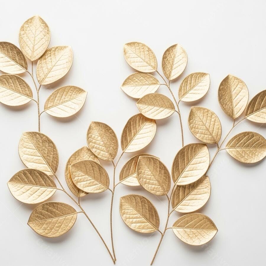 Galhos de folhas douradas decorativas sobre fundo branco minimalista