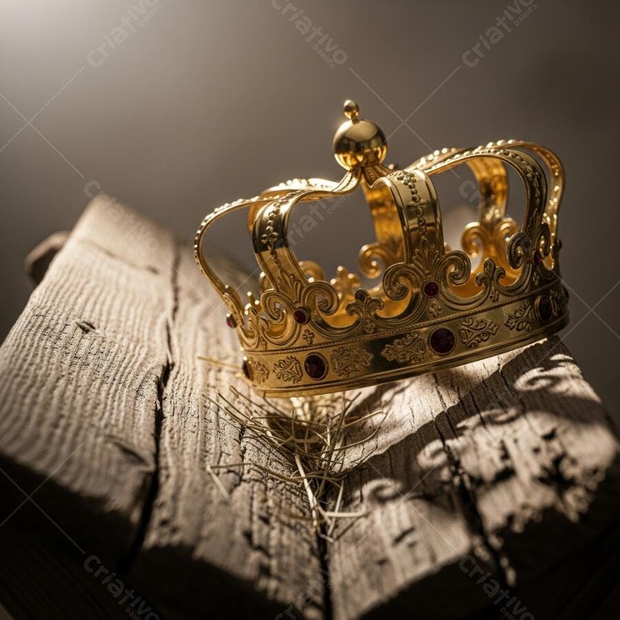 Coroa de ouro cravejada de rubis sobre madeira rústica e espinhos em luz dramática