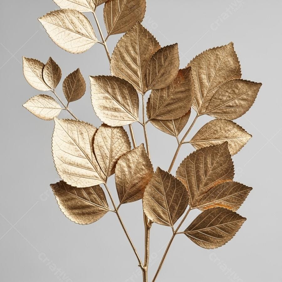 Folhas douradas de galho decorativo em fundo cinza claro