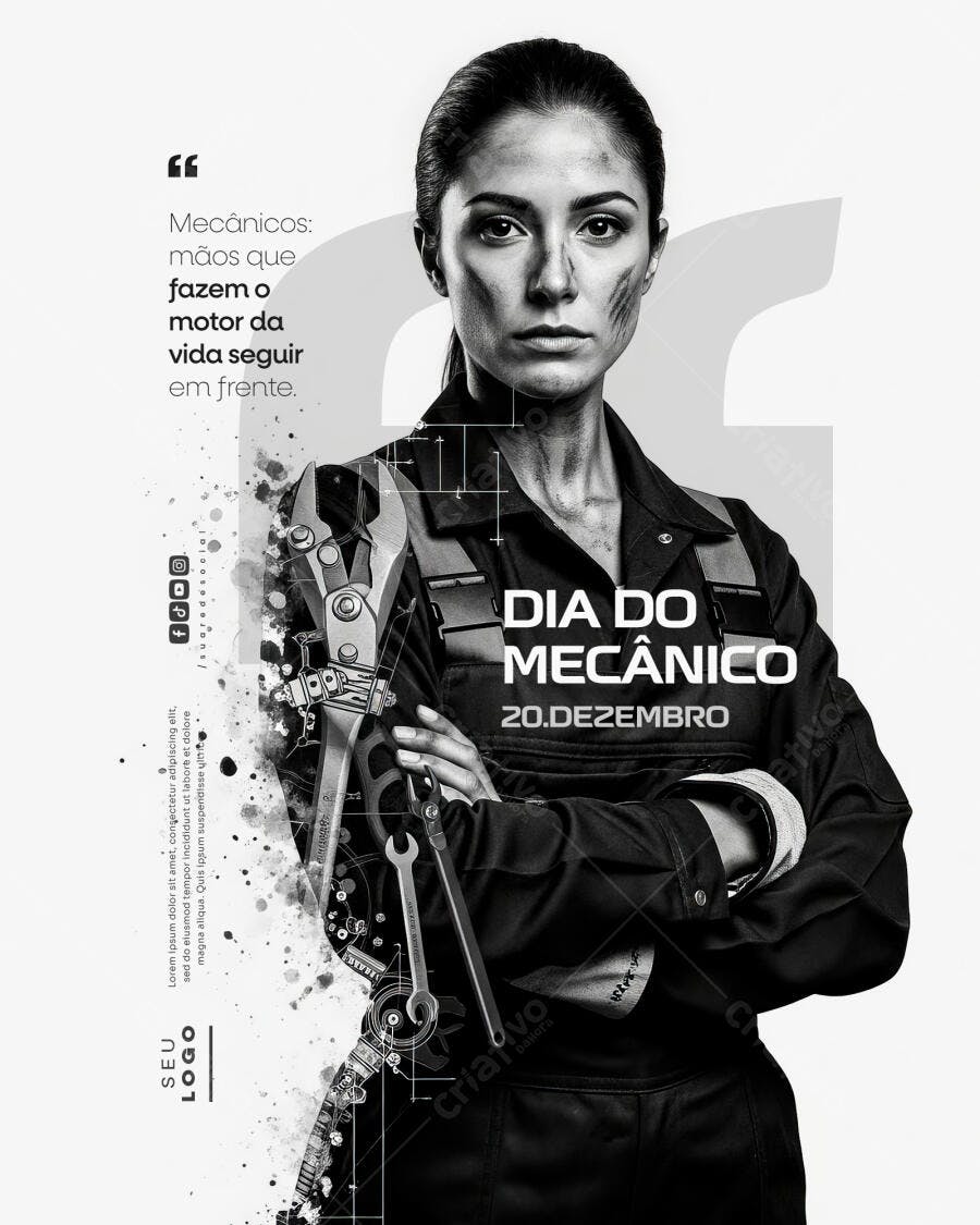 Banner Dia do Mecânico 20 de Dezembro Mulher Mecânica PSD Editável