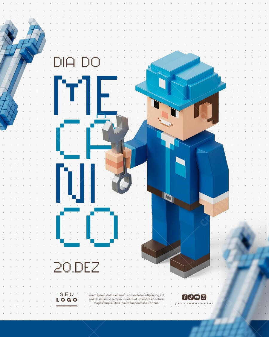 Flyer Dia do Mecânico Pixel Art PSD Editável