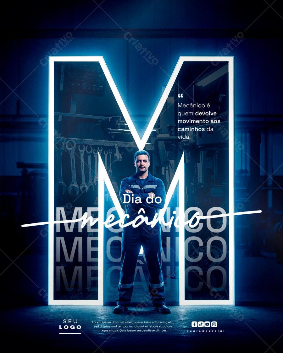 Post Digital Dia do Mecânico com Profissional Neon PSD Editável