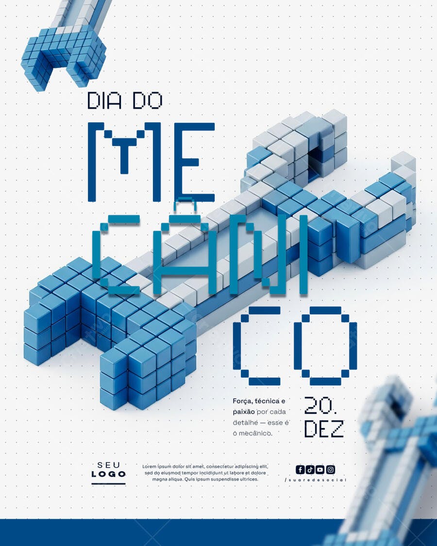 Flyer para o Dia do Mecânico com Chave Bloco Azul PSD Editável