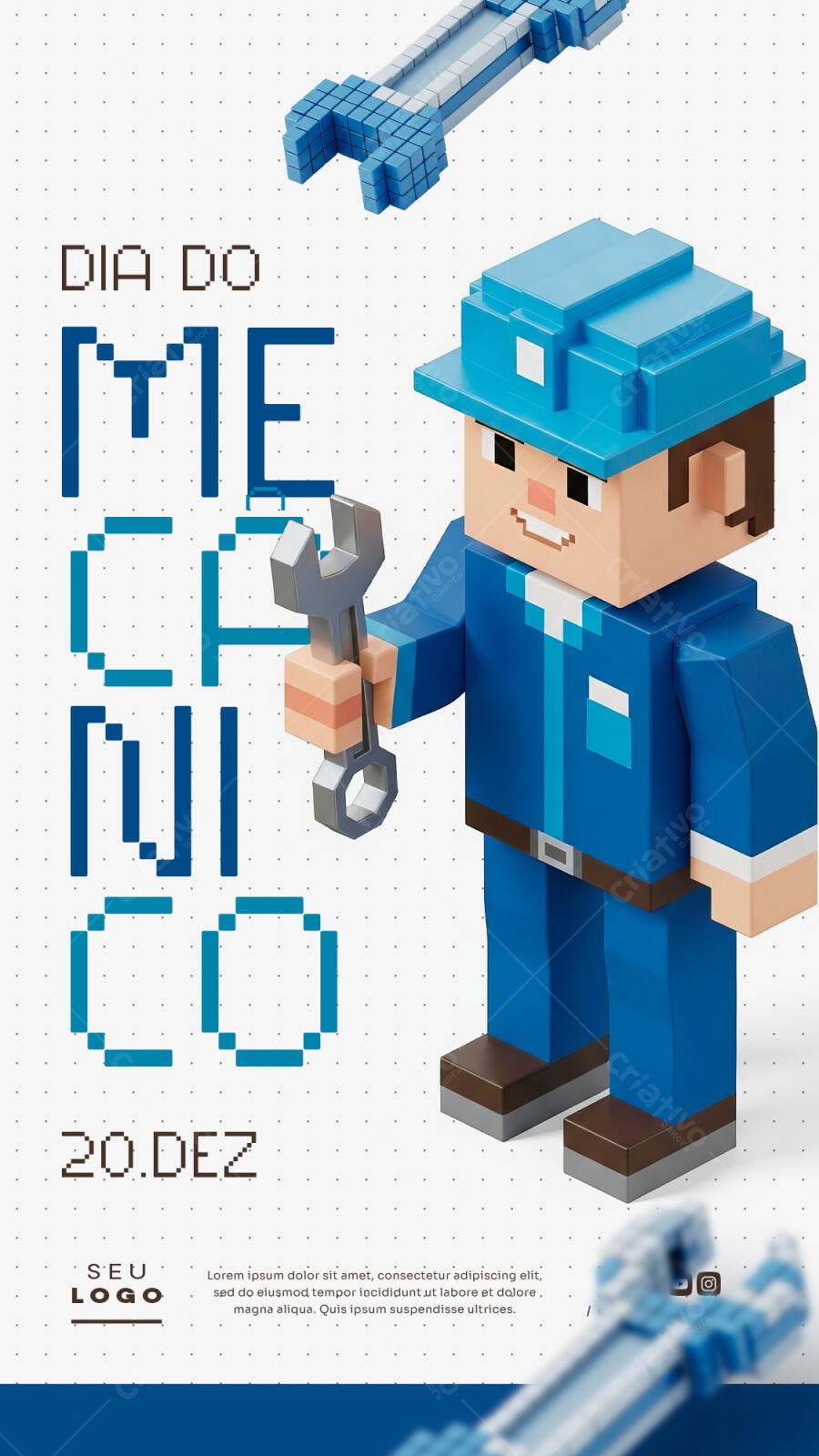 Flyer Dia do Mecânico 20 de Dezembro Personagem 3D Pixel Art Psd Editável