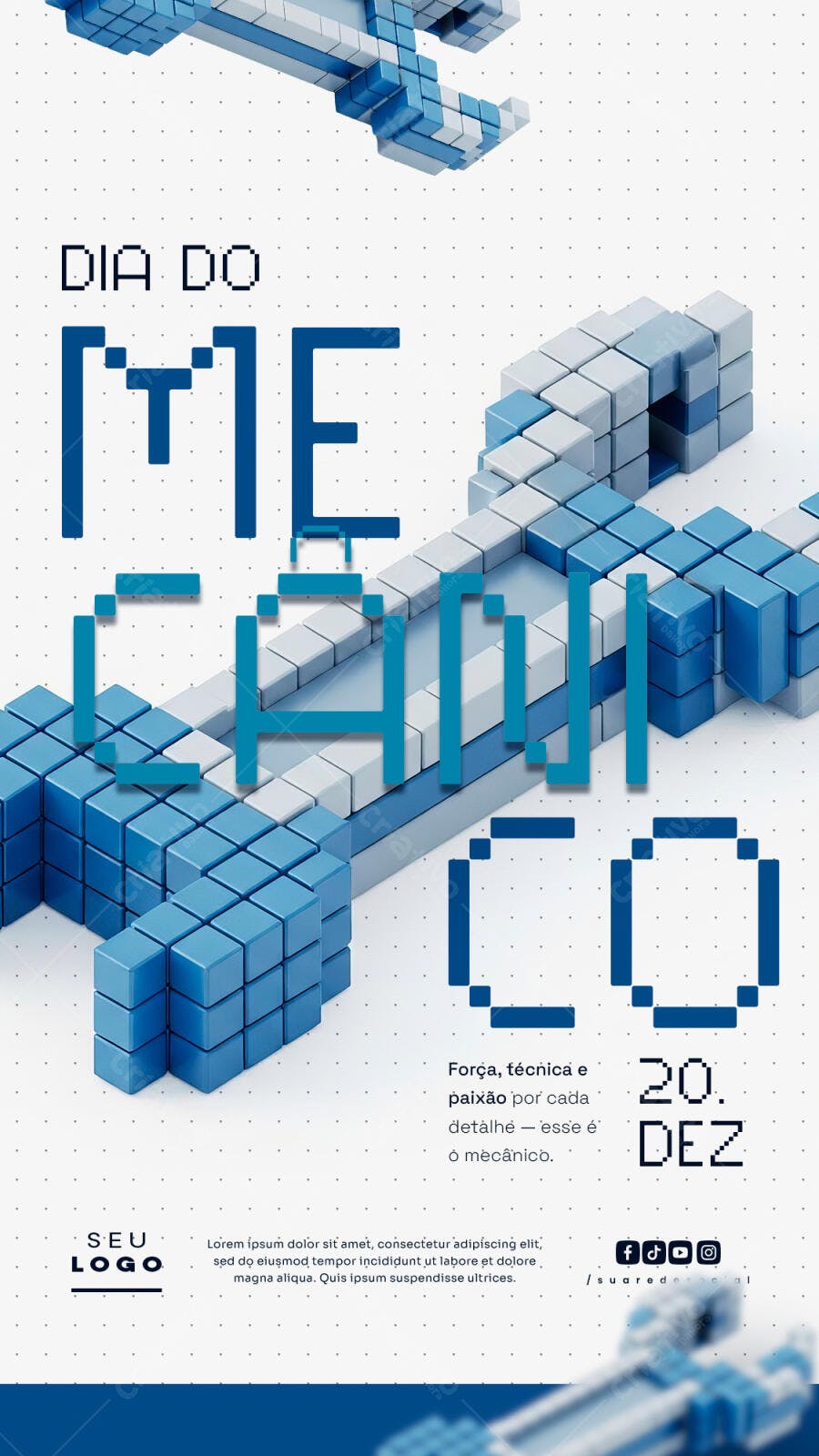 Flyer pixel art chave de bloco azul Dia do Mecânico Psd Editável