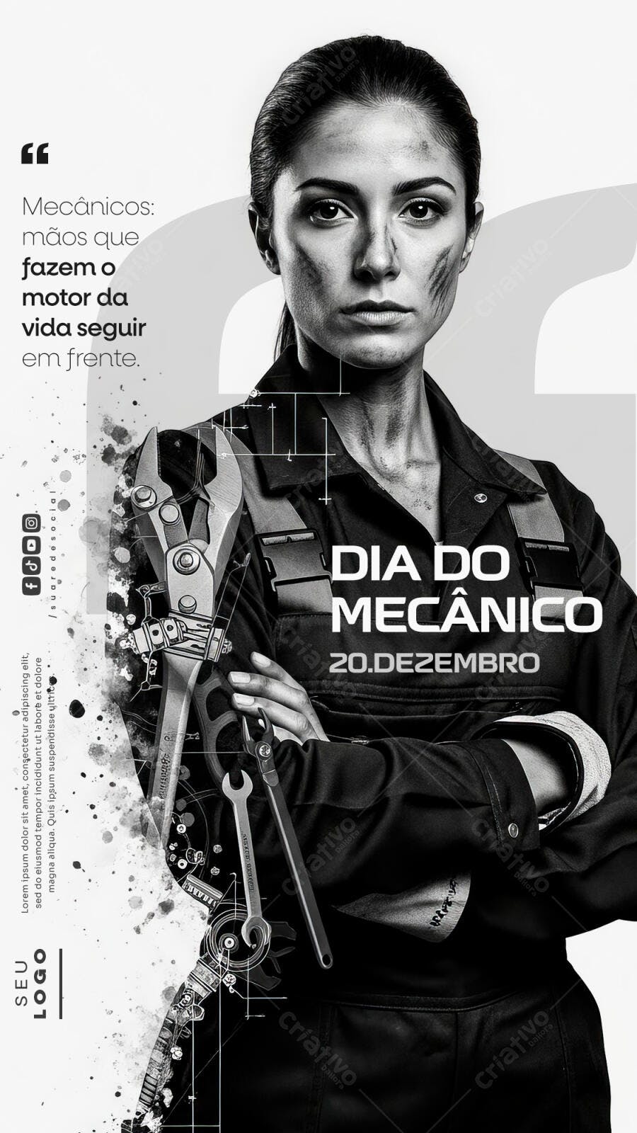 Post Redes Sociais para Dia do Mecânico Mulher Ferramentas PSD Editável