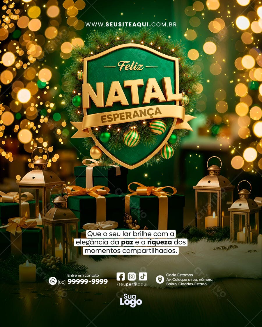 Flyer Feliz Natal Esperança Escudo Verde e Dourado PSD Editável