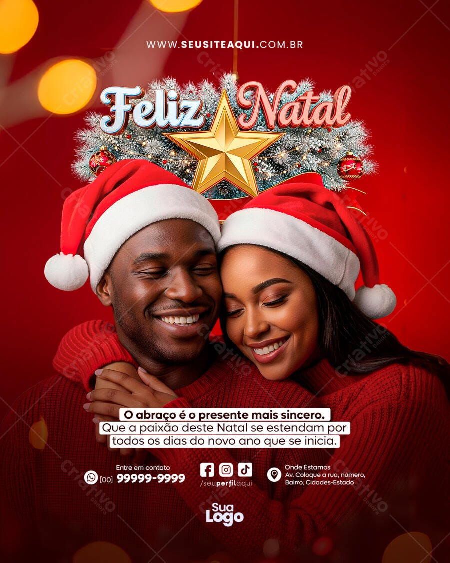 Flyer Natal Casal Afrodescendente Abraçado Gorro Papai Noel PSD Editável