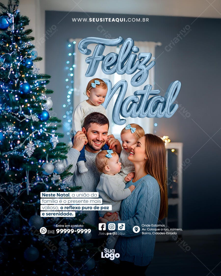 Flyer de Natal Família Feliz Azul Luzes PSD Editável