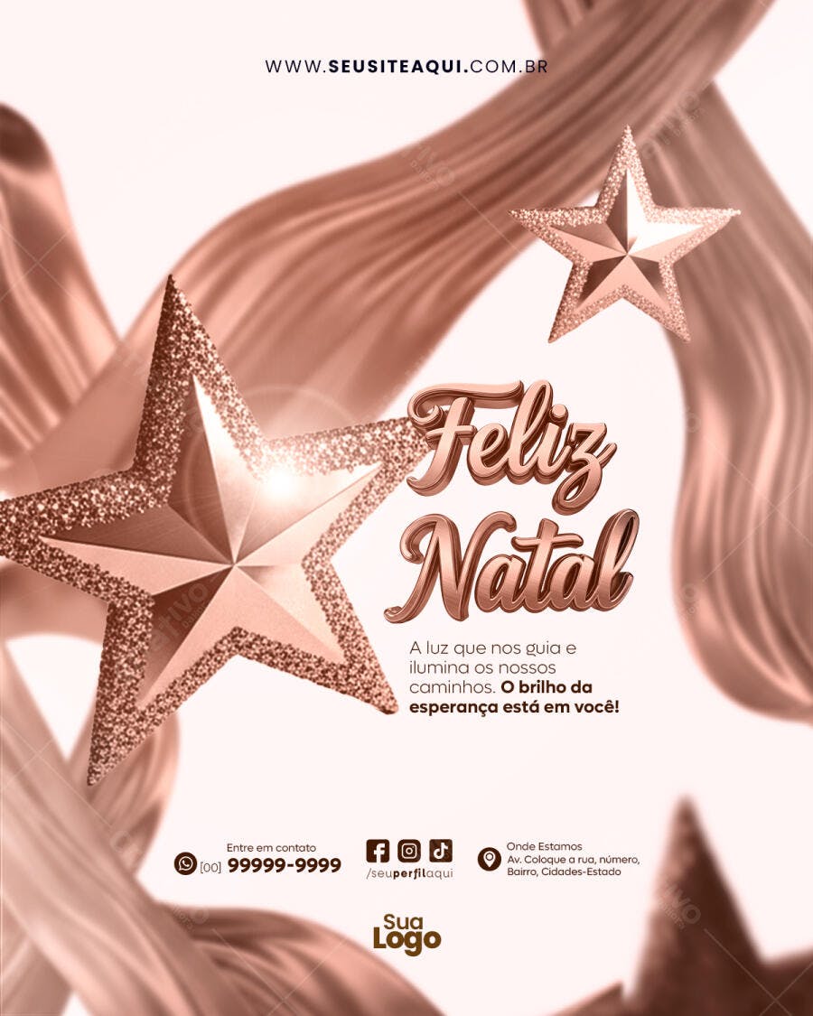 Post Redes Sociais Feliz Natal Estrelas Rose Gold PSD Editável