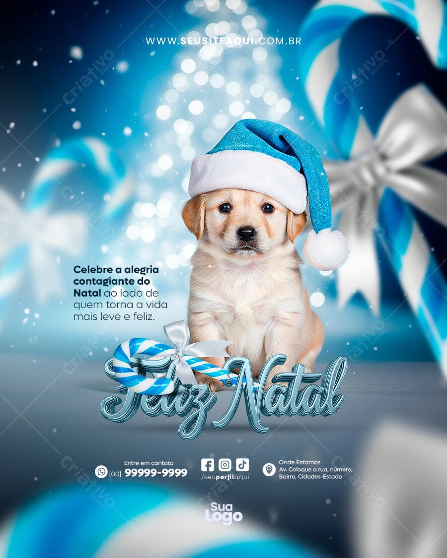 Flyer para Natal com Filhote Golden Retriever Chapéu Azul PSD Editável