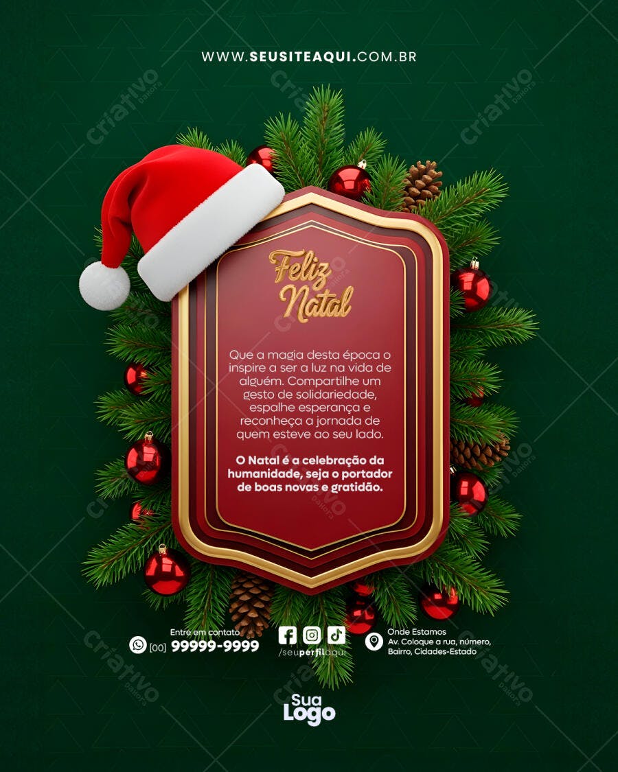 Post Instagram Feliz Natal com Gorro e Pinhas PSD Editável