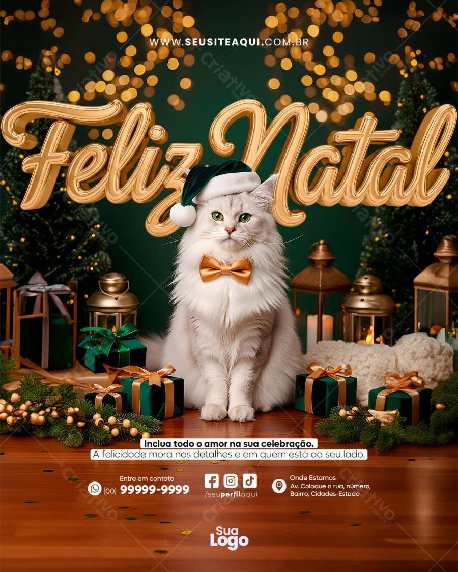 Flyer Feliz Natal com Gato Natalino e Presentes PSD Editável