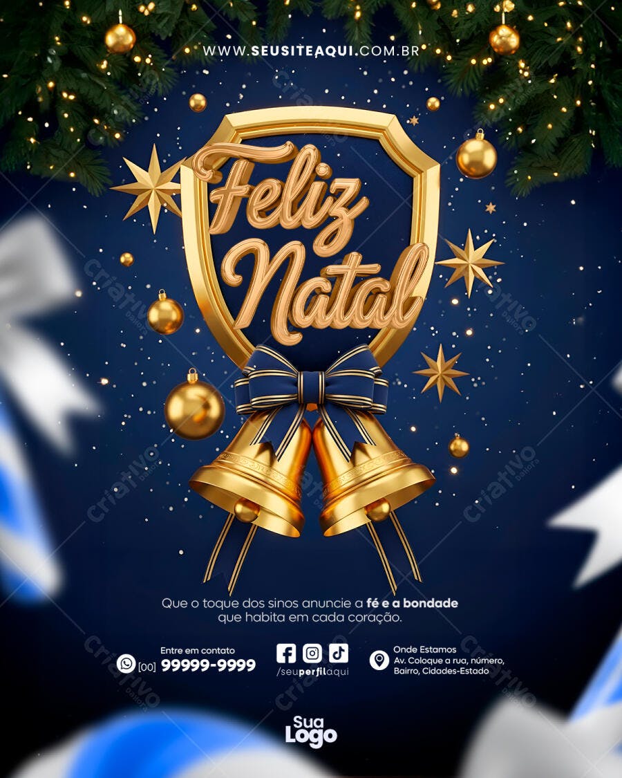 Flyer Feliz Natal Sinos Dourados Azul Marinho PSD Editável
