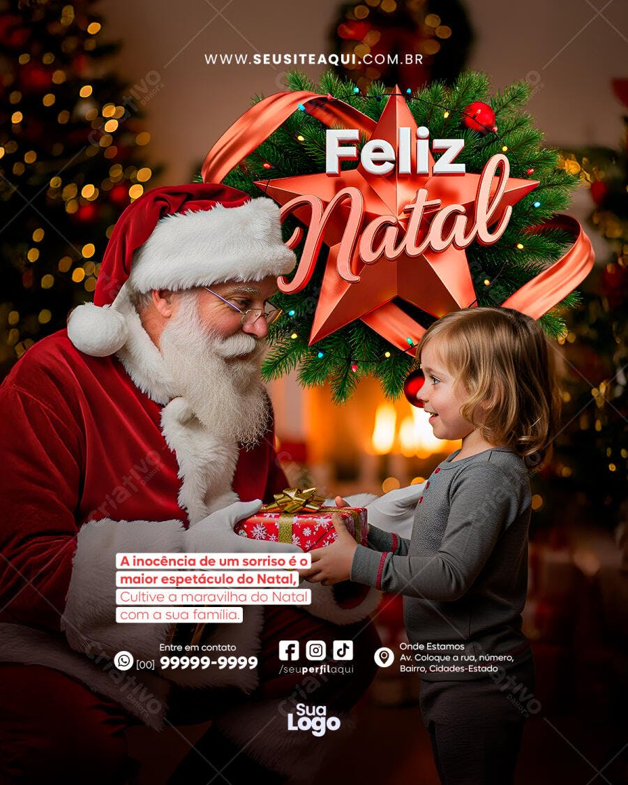 Flyer Feliz Natal Papai Noel e Menina com Presente PSD Editável