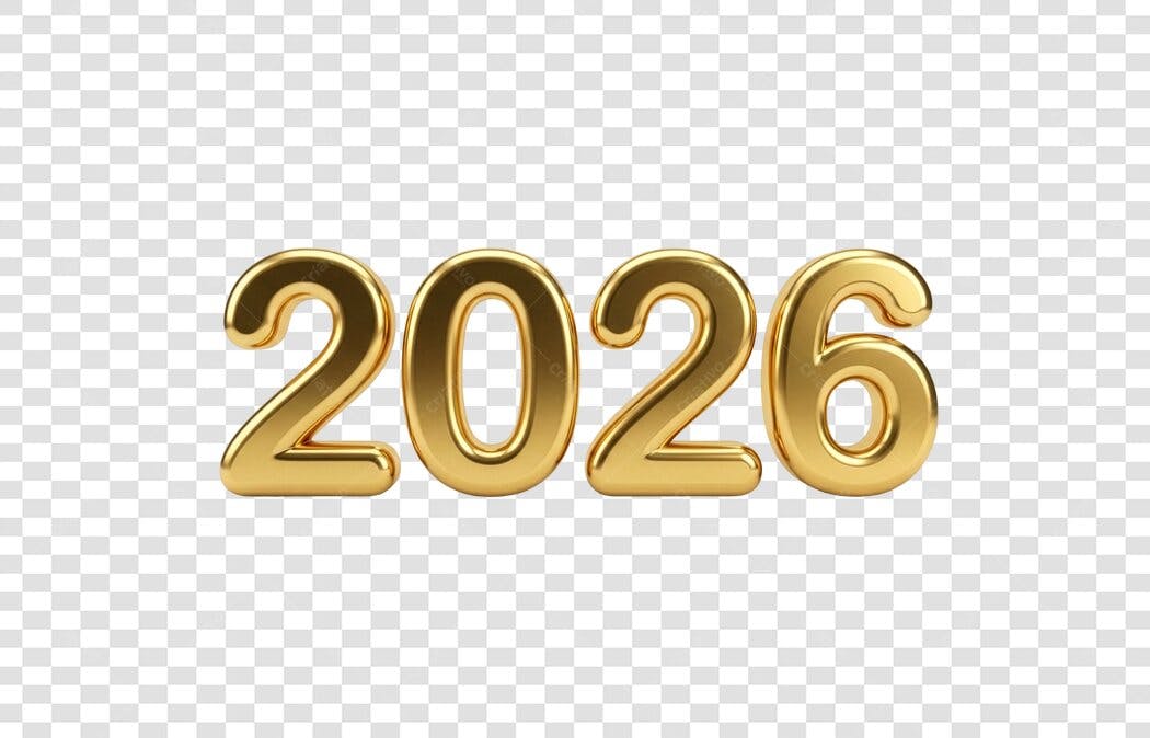 Elemento Gráfico 3D Ano 2026 Dourado PNG com fundo transparente