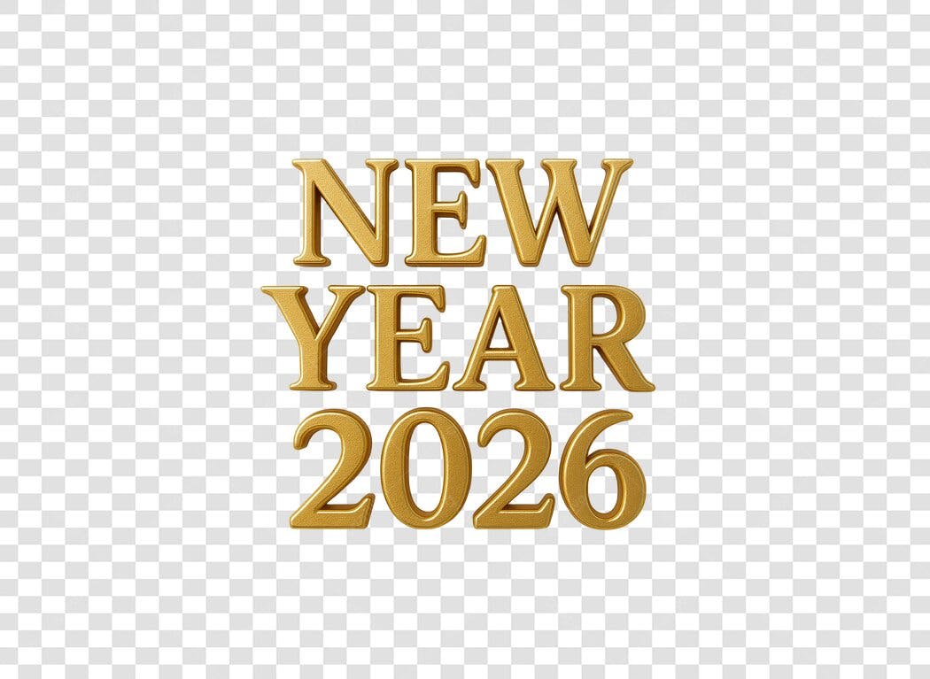 Texto 3D Dourado Ano Novo 2026 para Réveillon Celebração PNG com fundo transparente