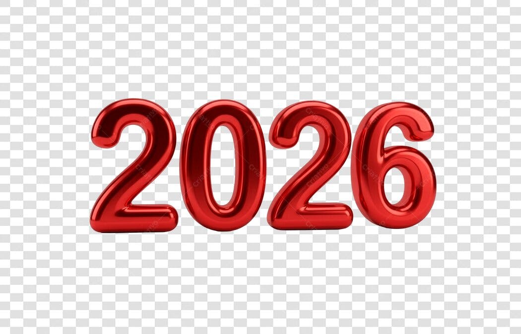 Número 3D 2026 Ano Novo Vermelho Metálico PNG com fundo transparente