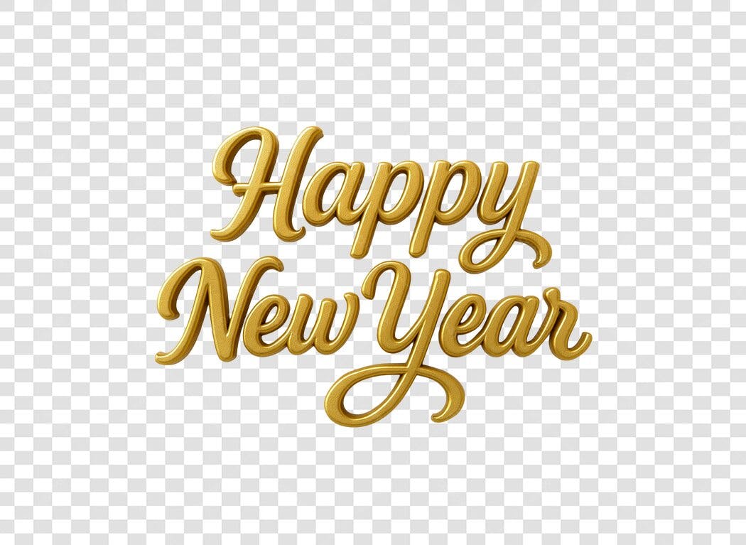 Texto Feliz Ano Novo Dourado 3D Caligrafia PNG com fundo transparente