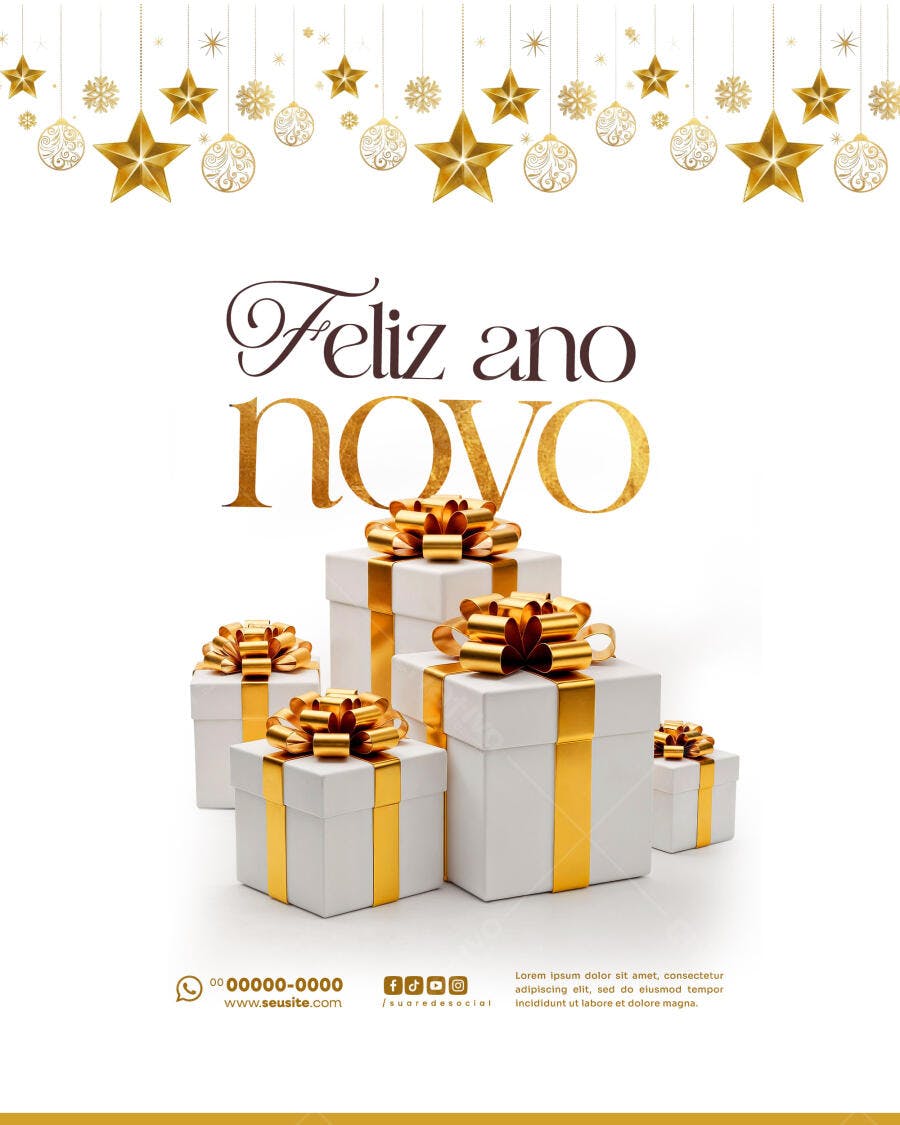 Post para Redes Sociais Feliz Ano Novo Estrelas e Presentes Dourados PSD Editável