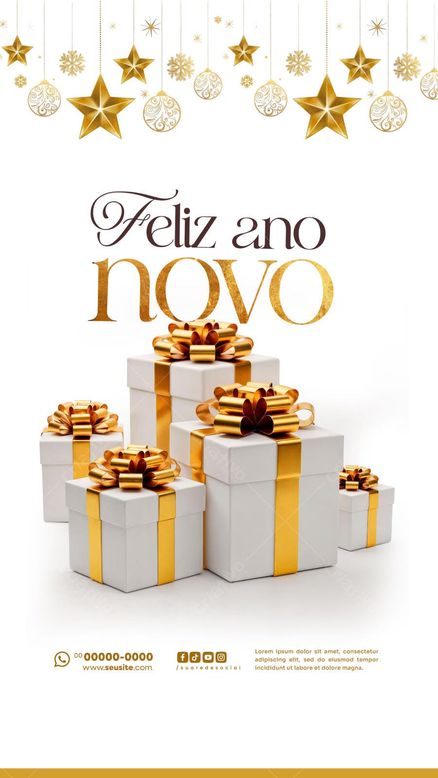 Flyer Digital Feliz Ano Novo com Presentes Dourados PSD Editável