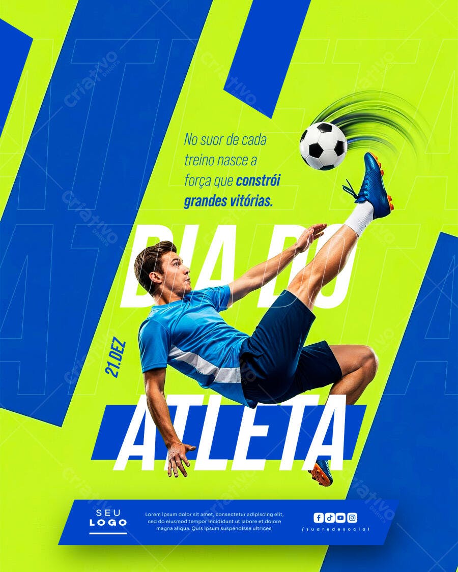 Flyer Dia do Atleta Jogador de Futebol Chutando Bola PSD Editável