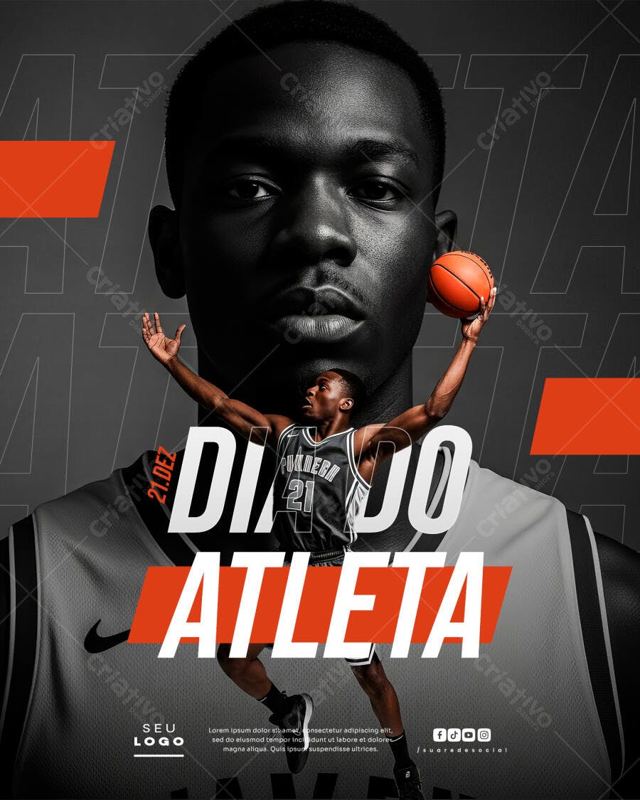 Flyer Esportivo Dia do Atleta com Jogador de Basquete PSD Editável