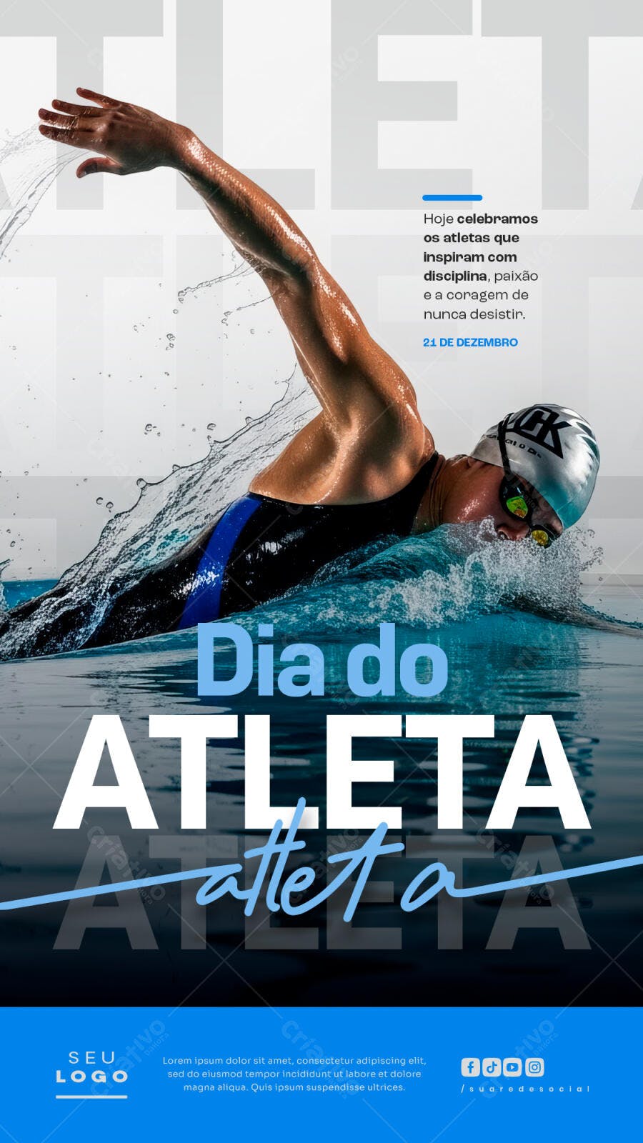 Flyer Dia do Atleta Natação 21 de Dezembro PSD Editável