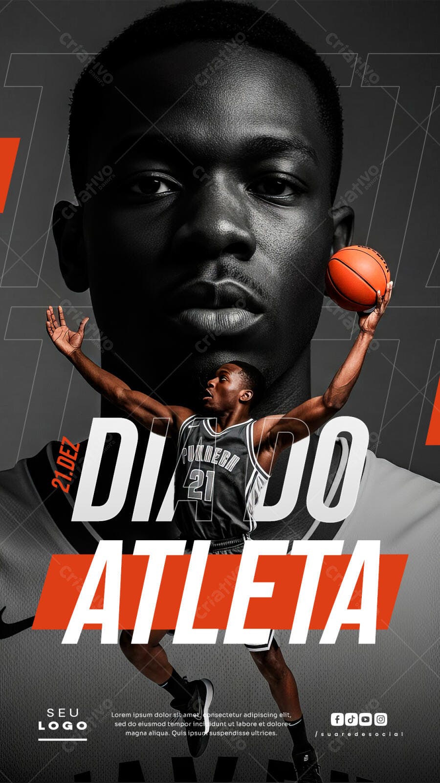 Flyer Post Dia do Atleta Basquete com Jogador Negro Lançando Bola PSD Editável