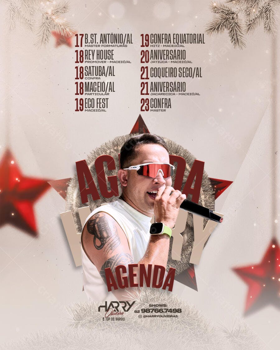 Flyer Musical Agenda de Shows Cantor Harry Oliveira PSD Editável